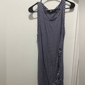 Navy and white striped maxi dress with a synched detailing on the side
